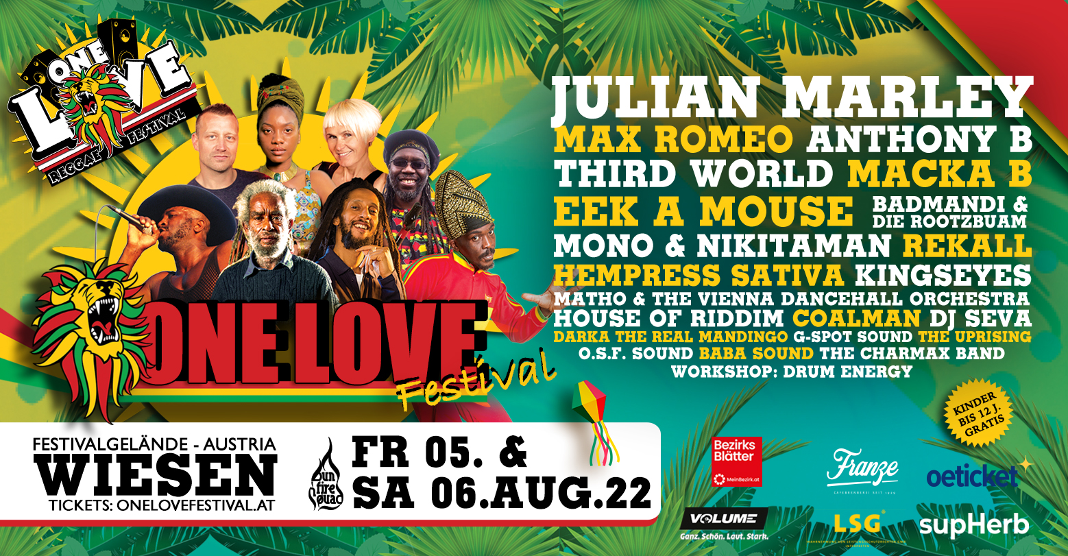 Julian Marley, Third World, Anthony B, Max Romeo, Hempress Sativa und House Of Riddim beim One Love Festival in Wiesen